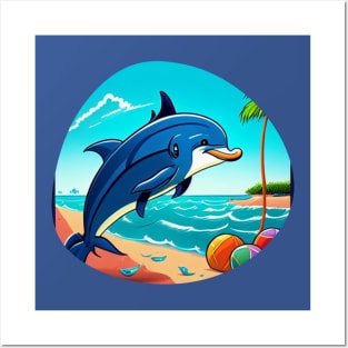 Happy blue dolphin playing on the beach Posters and Art